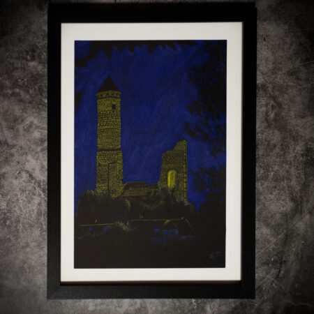 Zeichnung"Kirkeler Burg bei Nacht" mit Rahmen